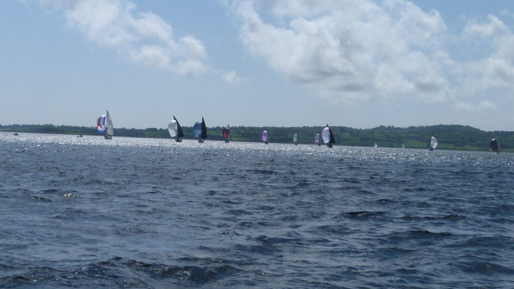 The Impla fleet on the first dwnwind leg of the first race. Ten impalas can be seen with two Sonatas in the background
